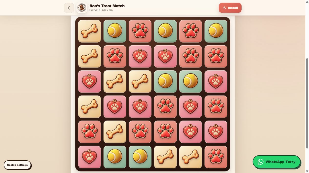 The live Ron’s Treat Match game with a colourful board of pet-themed tiles