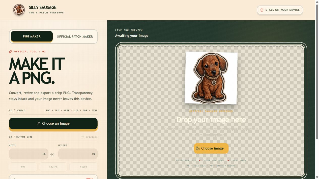 The live Silly Sausage PNG and patch maker, showing image upload controls and a PNG preview
